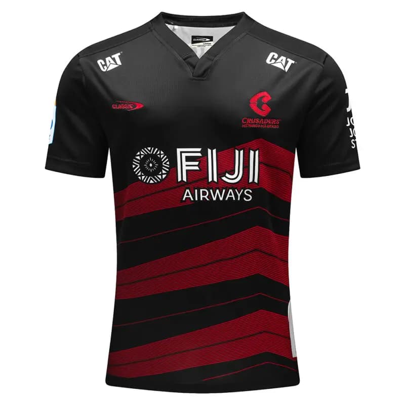 Maglia da rugby Crusaders Super Rugby Pacific Away 2024-25: maglia nera e rossa della Fiji Airways