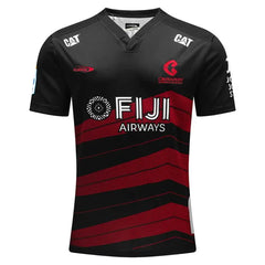 Maglia da rugby Crusaders Super Rugby Pacific Away 2024-25: maglia nera e rossa della Fiji Airways