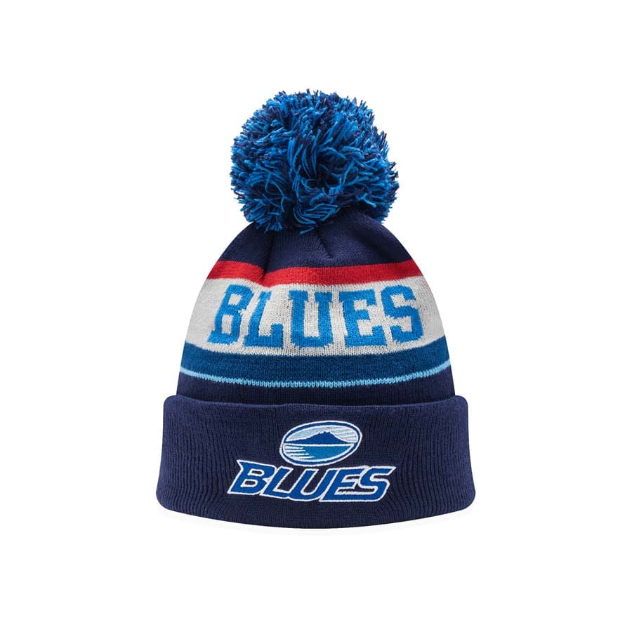Berretto invernale ufficiale Blues Rugby con pompon e logo ricamato.