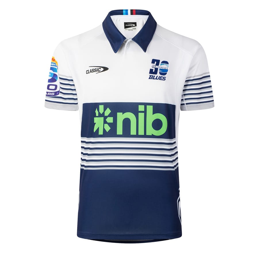 Maglia da rugby Blues 2026 Home PRO, bianca e blu con logo Classic e sponsor Nib.