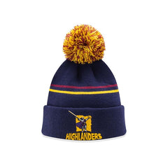 Zuccotto ufficiale Highlanders Rugby blu con pompon giallo/rosso e logo.