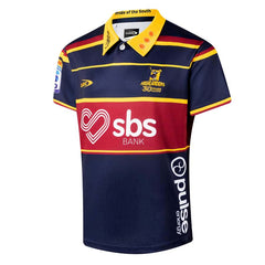 Maglia da rugby Highlanders 2026 Home PRO per ragazzo: blu navy con dettagli rossi e gialli.