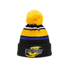 Berretto ufficiale Zuccotto Hurricanes Rugby con pompon giallo e logo.