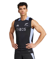 Canottiera da rugby All Blacks 2025 Adidas ufficiale, nera con inserti azzurri.