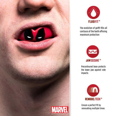Paradenti Safejawz Deadpool Marvel rosso con tecnologia FluidFit, Jaw Secure e Remodel Tech.