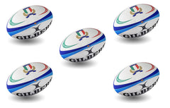 Cinque palloni da rugby Gilbert, design ufficiale della nazionale italiana. Logo FIR, marchio Italia.