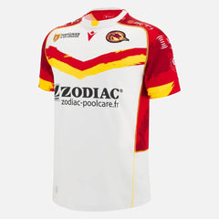 Maglia Rugby Dragons Catalans Home 2023-24: Maglia ufficiale da rugby bianca con design rosso e giallo, per la stagione 2023-24.