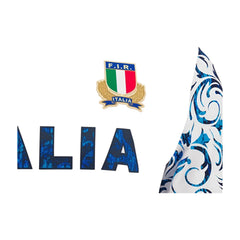 Maglia bianca rugby Italia FIR con dettaglio blu e stemma ufficiale.