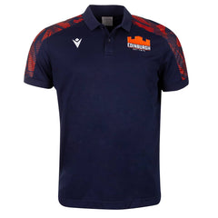 Maglia polo da rugby da viaggio Edinburgh Macron blu navy con dettagli arancioni.