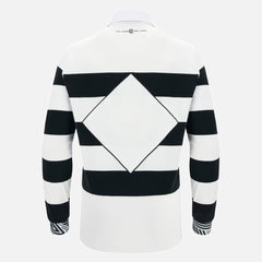 Maglia rugby Barbarians a maniche lunghe in cotone bianco e nero, con rombo frontale.