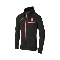 Felpa con cappuccio ufficiale Stade Francais Asics: felpa nera con cappuccio e cerniera con dettagli rosa.