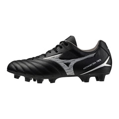 Mizuno Monarcida NEO Select MD Nero: scarpe da calcio in pelle nera con dettagli argentati. Ideali per terreni compatti.