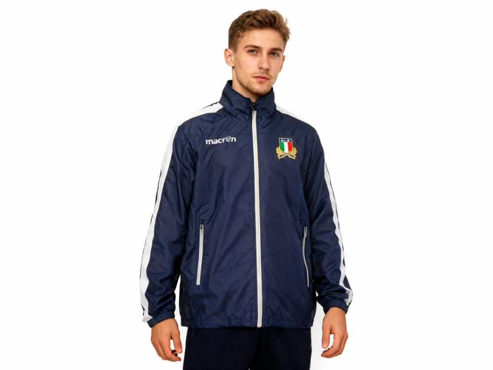 Giacca antivento impermeabile Macron blu Italia Rugby da uomo, con logo federale.