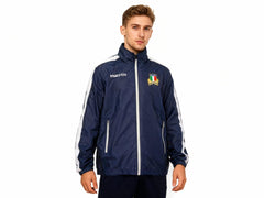 Giacca antivento impermeabile Macron blu Italia Rugby da uomo, con logo federale.