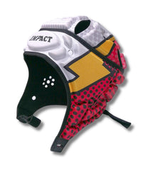 Caschetto Impact Rugby Flash: casco protettivo da rugby con un audace design in stile fumetto rosso, giallo e bianco.