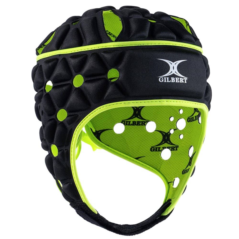 Caschetto da rugby Gilbert AIR nero e verde fluo con protezioni imbottite.