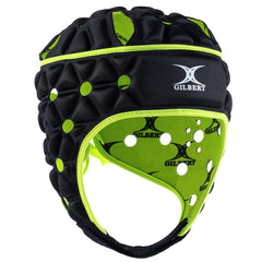 Caschetto da rugby Gilbert AIR nero e verde fluo con protezioni imbottite.