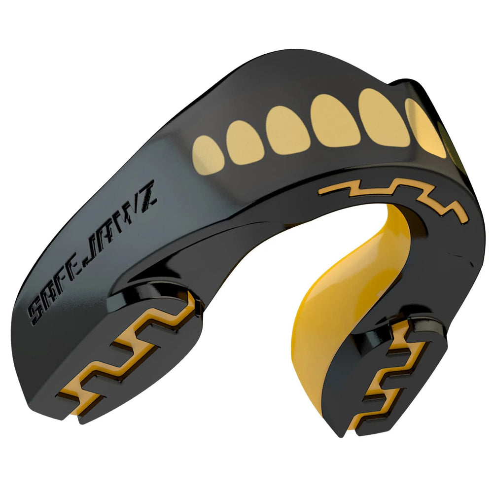 Paradenti Safejawz Goldie nero e oro per rugby e sport di contatto.