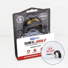 Paradenti per adulti Safejawz Goldie: paradenti multi-sport nero e oro con custodia, perfetto per il rugby e altri sport di contatto.