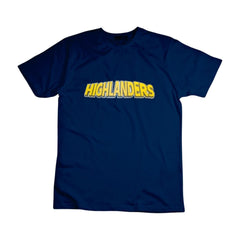Maglietta ufficiale degli Highlanders Rugby: maglietta in cotone blu navy con logo giallo "Highlanders". Super Rugby Pacific.