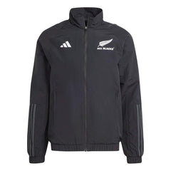 Tuta da presentazione All Blacks Rugby Adidas nera, modello 2023-24, con logo e strisce iconiche.
