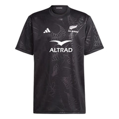 Maglia supporter All Blacks nera in poliestere con pattern floreale tono su tono.