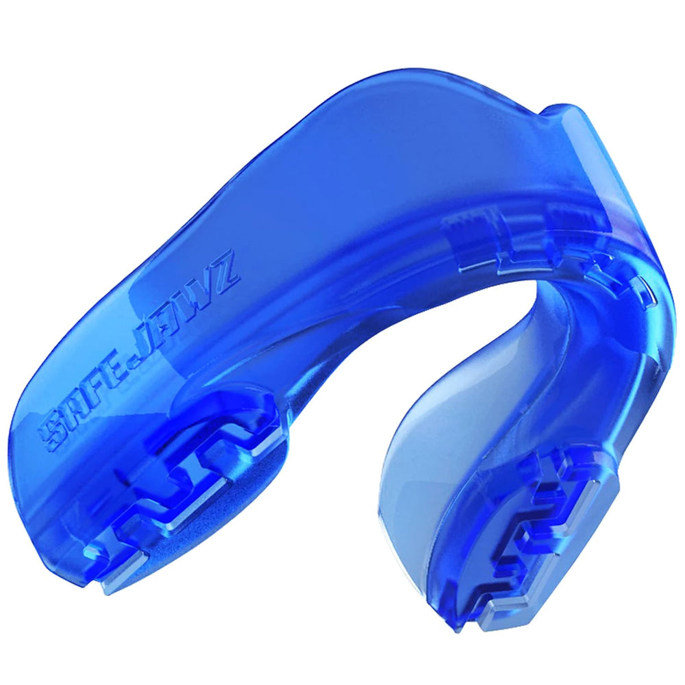 Paradenti blu trasparente Safejawz ICE per rugby e sport di contatto.