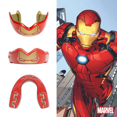 Paradenti Marvel Iron Man SafeJawz: paradenti sportivo con design Iron Man rosso e oro. Sono mostrate le viste dall'alto, dal basso e di lato.