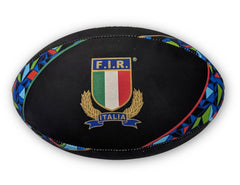 Pallone Rugby Italia Supporter: Black rugby ball featuring the Italian flag, FIR logo, and Sei Nazioni design. Perfect for Italian rugby fans.