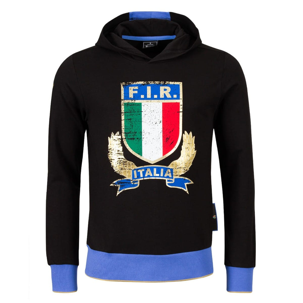 Felpa con cappuccio nera da uomo Italia Rugby FIR 2026, con stemma e scudo.