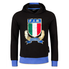 Felpa con cappuccio nera da uomo Italia Rugby FIR 2026, con stemma e scudo.