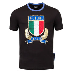 T-shirt nera da uomo FIR Italia Rugby 2026 in cotone con logo.