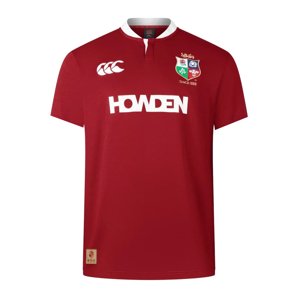 Maglia da rugby rossa British & Irish Lions, uomo, manica corta, con logo Canterbury e stemma squadra.