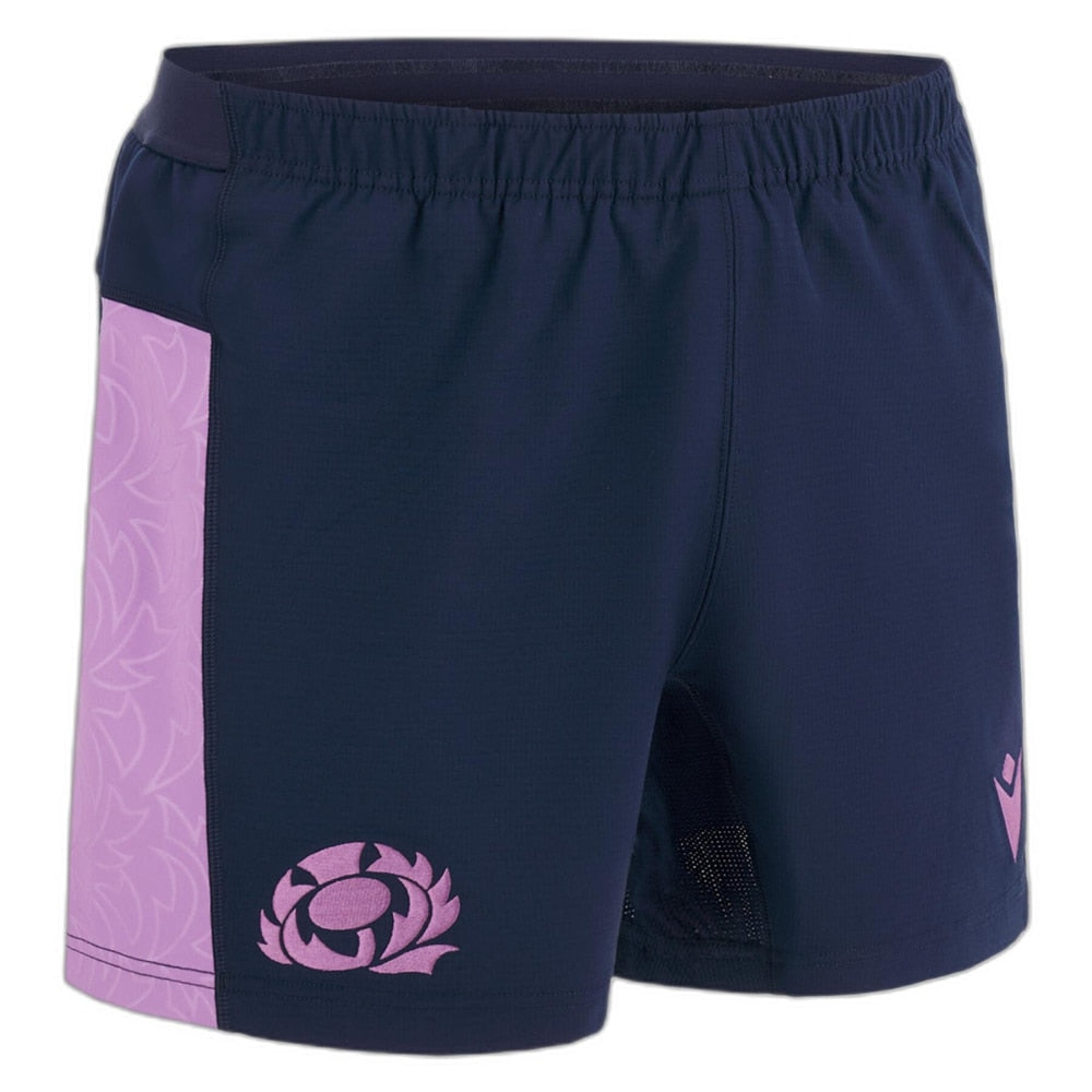 Pantaloncini da rugby Scozia Macron gara away 2023 blu navy con dettagli rosa.