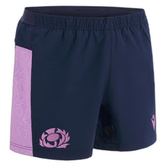 Pantaloncini da rugby Scozia Macron gara away 2023 blu navy con dettagli rosa.