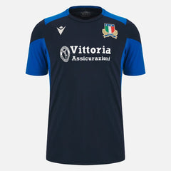Maglia da allenamento FIR Rugby Italia 2023-24: maglia blu navy realizzata da Macron con dettagli blu, logo dello sponsor Vittoria Assicurazioni.