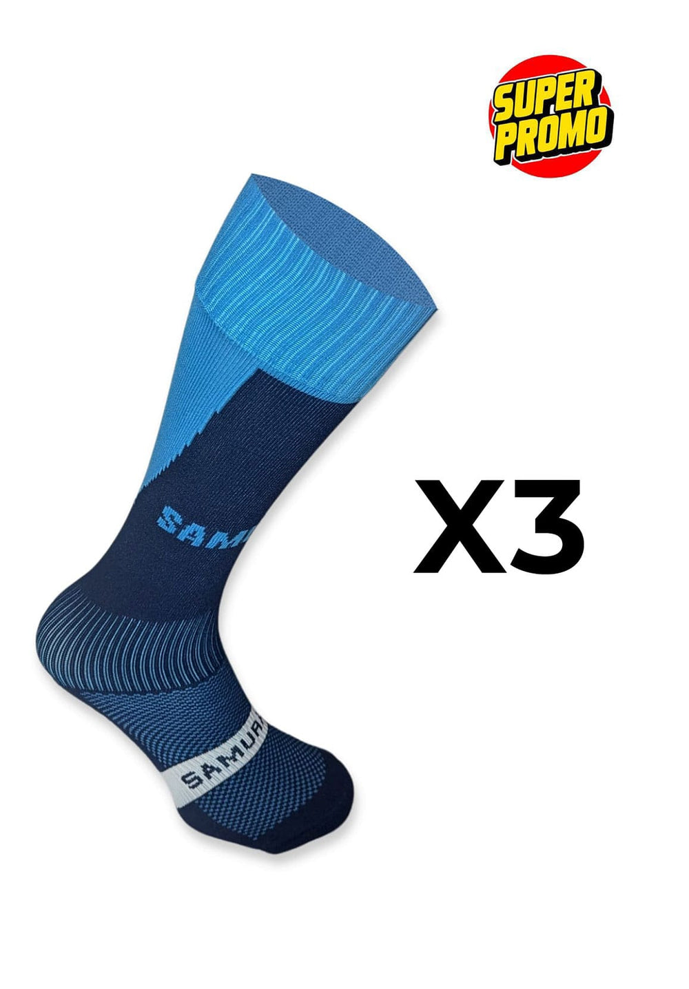 CONFEZIONE DA 3 PAIA Calzini da rugby professionali Samurai: tre paia di calzini a compressione blu e blu navy ideali per il rugby, realizzati in tessuto traspirante e con il marchio Samurai.