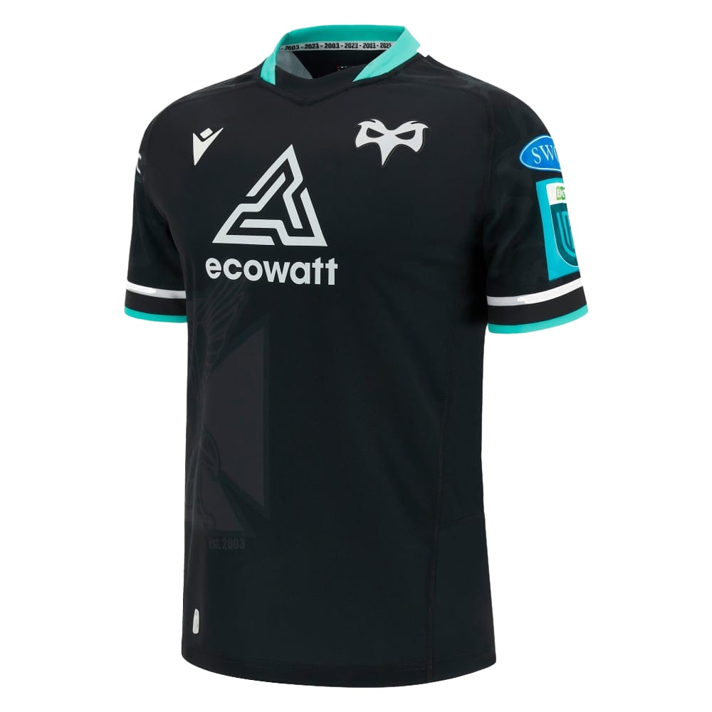 Maglia da rugby Ospreys 2024 Home: maglia da rugby nera con dettagli color verde acqua, logo della squadra e marchio dello sponsor.