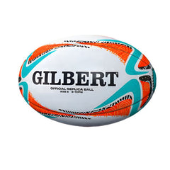 Pallone da rugby Gilbert Replica RWC 2027 bianco con decorazioni tribali arancioni e turchesi.
