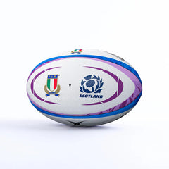 Pallone replica rugby Italia Scozia Gilbert, bianco con dettagli blu e viola.