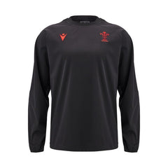 Top da allenamento Macron Galles Rugby nero con logo rosso.