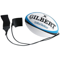 Pallone da rugby Gilbert Reflex Trainer bianco e blu, con accessori per allenamento riflessi.