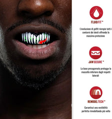 Paradenti SafeJawz Marvel Venom con design denti bianchi e rossi.