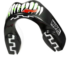 Paradenti SafeJawz Marvel Venom nero con design denti e lingua rossa.