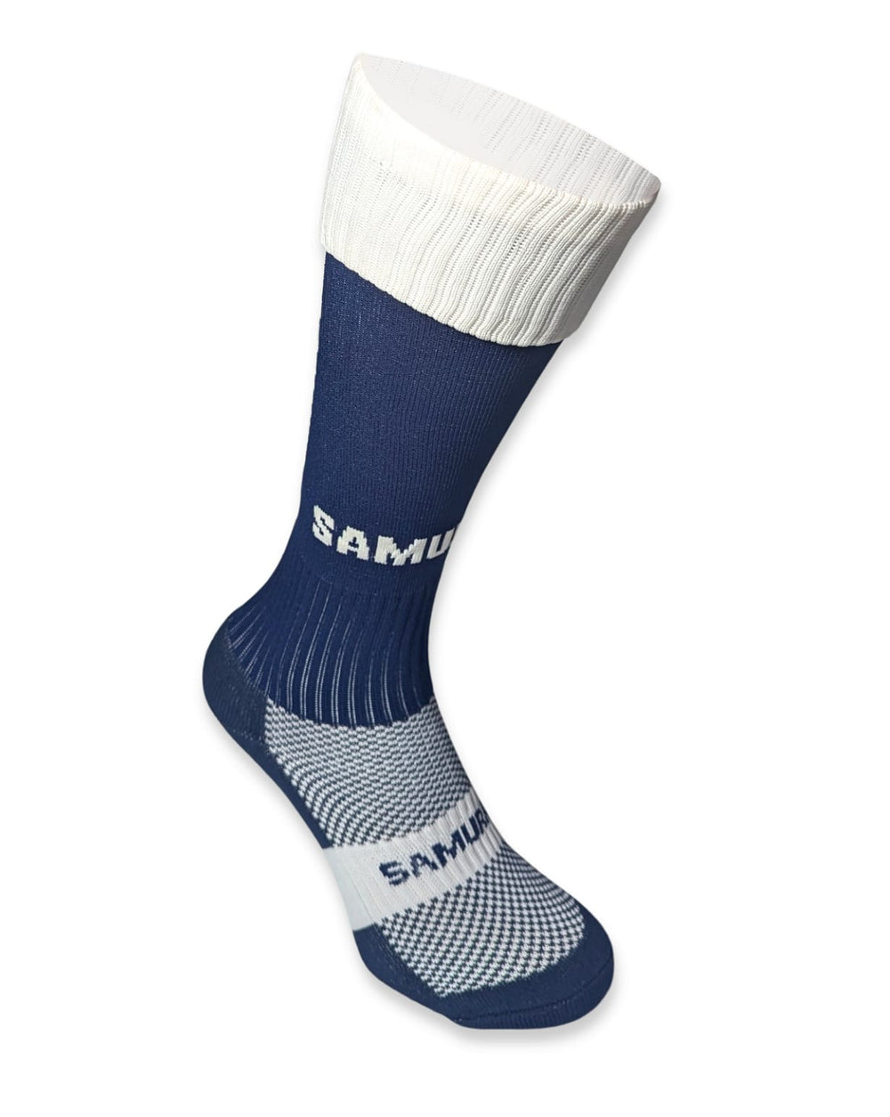Calza da rugby professionale Samurai Tri Nation blu e bianca con logo.