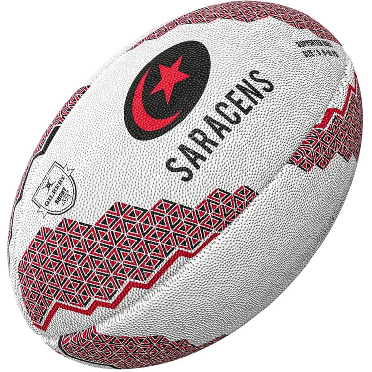 Pallone da rugby Saracens Gilbert 2024: pallone ufficiale per i tifosi con logo dei Saracens e design esclusivo.