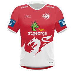 Maglia da rugby per bambini dei St. George Illawarra Dragons: maglia da allenamento rossa e bianca con il logo della squadra. Perfetta per i giovani appassionati di rugby!