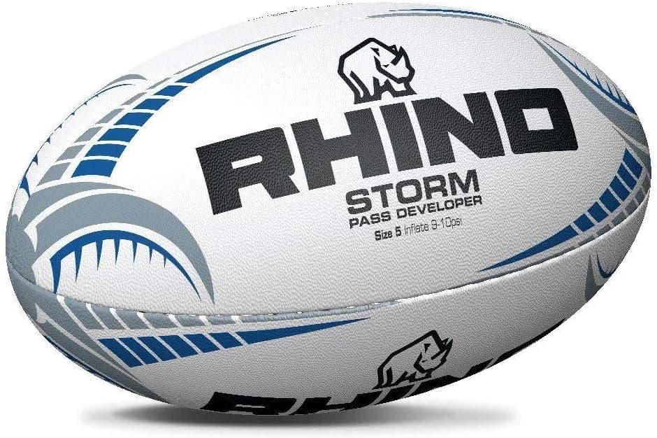 Pallone da rugby Rhino Pass Developer, taglia 5, con peso specifico maggiorato per migliorare le capacità di passaggio.