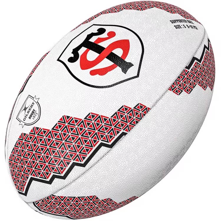 Pallone da rugby Toulousain Supporter 2024 bianco con logo e motivi geometrici rossi.