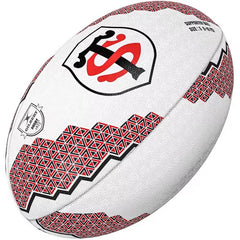 Pallone da rugby Toulousain Supporter 2024 bianco con logo e motivi geometrici rossi.